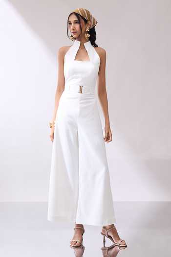 Naintara Bajaj_Ivory High Collar Jumpsuit And Buckle Belt Set _Online_at_Aza_Fashions