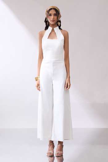 Shop_Naintara Bajaj_Ivory High Collar Jumpsuit And Buckle Belt Set _Online_at_Aza_Fashions