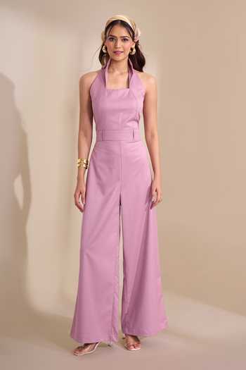 Shop_Naintara Bajaj_Pink Back Cut High Collar Jumpsuit With Belt _Online_at_Aza_Fashions