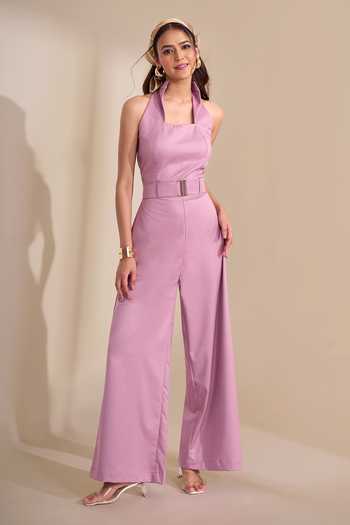 Naintara Bajaj_Pink Back Cut High Collar Jumpsuit With Belt _at_Aza_Fashions