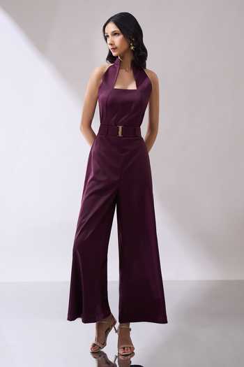 Naintara Bajaj_Wine High-collar Back Cutout Jumpsuit With Belt _Online_at_Aza_Fashions
