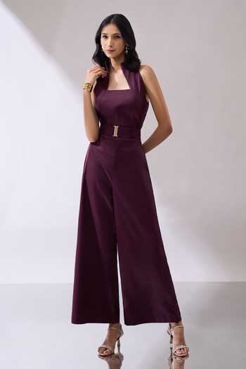 Shop_Naintara Bajaj_Wine High-collar Back Cutout Jumpsuit With Belt _Online_at_Aza_Fashions