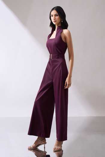 Naintara Bajaj_Wine High-collar Back Cutout Jumpsuit With Belt _at_Aza_Fashions