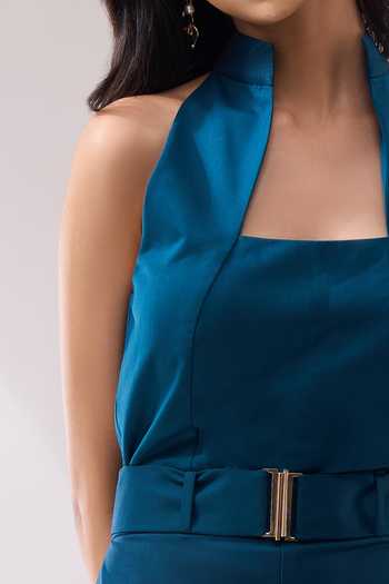 Naintara Bajaj_Teal High Collar Structured Jumpsuit With Belt _Online_at_Aza_Fashions
