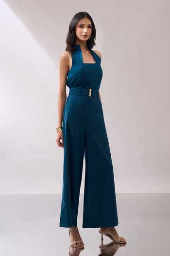 Buy_Naintara Bajaj_Teal High Collar Structured Jumpsuit With Belt _Online_at_Aza_Fashions