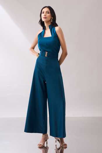 Shop_Naintara Bajaj_Teal High Collar Structured Jumpsuit With Belt _Online_at_Aza_Fashions