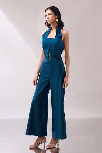 Shop_Naintara Bajaj_Teal High Collar Structured Jumpsuit With Belt 