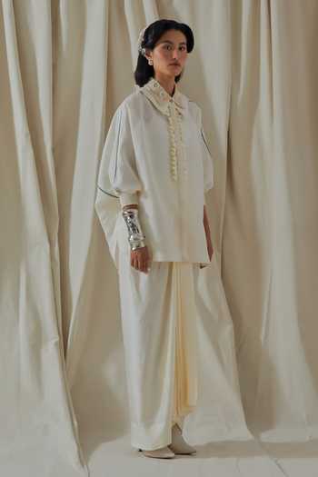 Aseem Kapoor_White Linen Collared Mandala Embroidered Shirt _at_Aza_Fashions