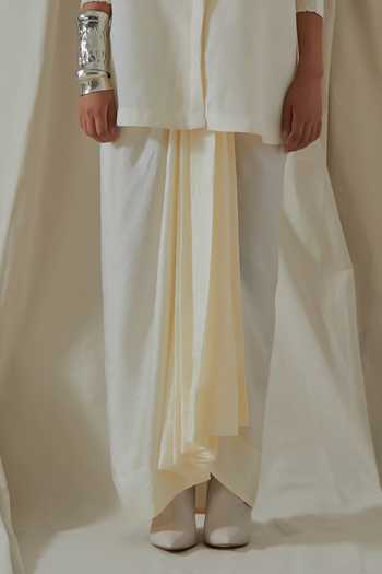 Aseem Kapoor_White Linen, Silk Collared Mandala Placement Embroidered Shirt And Skirt Set _Online_at_Aza_Fashions
