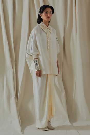 Shop_Aseem Kapoor_White Linen, Silk Collared Mandala Placement Embroidered Shirt And Skirt Set _Online_at_Aza_Fashions