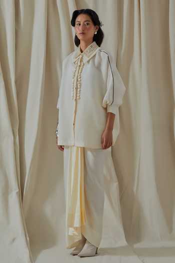 Aseem Kapoor_White Linen, Silk Collared Mandala Placement Embroidered Shirt And Skirt Set _at_Aza_Fashions