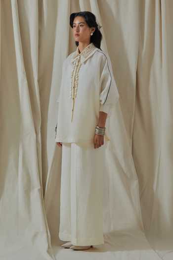 Shop_Aseem Kapoor_White Linen, Silk Collared Mandala Placement Embroidered Shirt And Trouser Set 