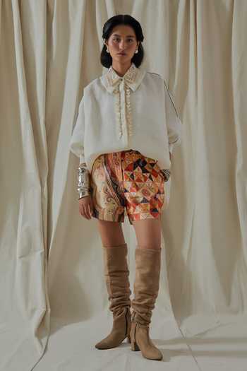 Buy_Aseem Kapoor_White Linen, Satin Collared Mandala Embroidered Shirt And Shorts Set _Online_at_Aza_Fashions
