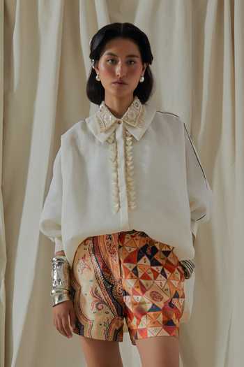 Shop_Aseem Kapoor_White Linen, Satin Collared Mandala Embroidered Shirt And Shorts Set _Online_at_Aza_Fashions