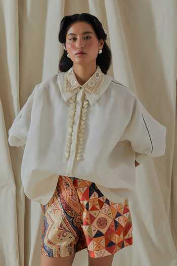 Aseem Kapoor_White Linen, Satin Collared Mandala Embroidered Shirt And Shorts Set _at_Aza_Fashions