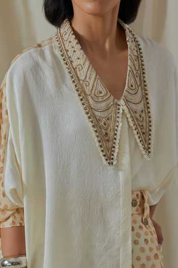 Aseem Kapoor_White Silk V-neck Mandala Collar Embroidered Shirt _Online_at_Aza_Fashions