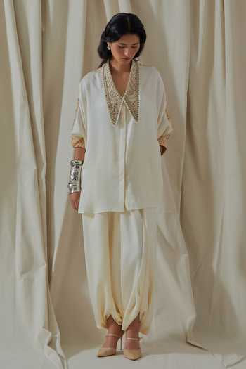 Buy_Aseem Kapoor_White Silk V-neck Placement Embroidered Shirt And Dhoti Pant Set _Online_at_Aza_Fashions