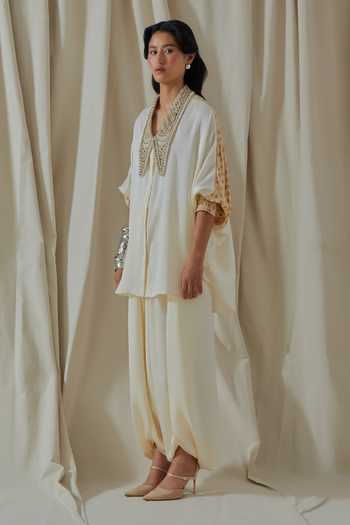 Shop_Aseem Kapoor_White Silk V-neck Placement Embroidered Shirt And Dhoti Pant Set _Online_at_Aza_Fashions