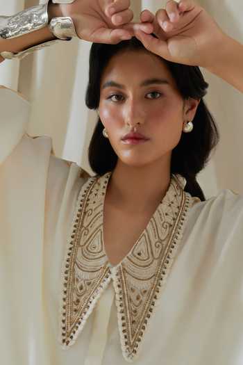 Shop_Aseem Kapoor_White Silk V-neck Placement Embroidered Shirt And Dhoti Pant Set 