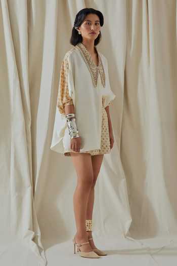 Aseem Kapoor_White Silk, Twill Split V-neck Mandala Placement Embroidered Shirt And Shorts Set _Online_at_Aza_Fashions