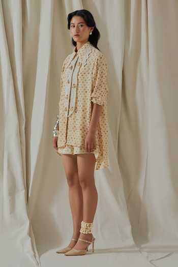 Aseem Kapoor_Beige Crepe, Twill Collared Atri Printed Shirt And Shorts Set _Online_at_Aza_Fashions