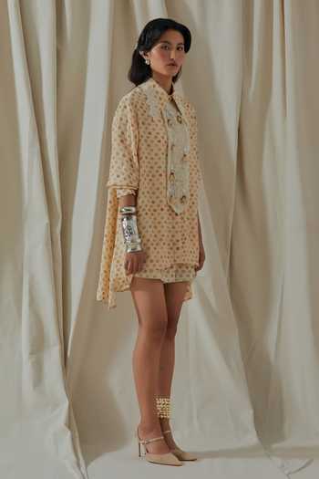 Buy_Aseem Kapoor_Beige Crepe, Twill Collared Atri Printed Shirt And Shorts Set _Online_at_Aza_Fashions