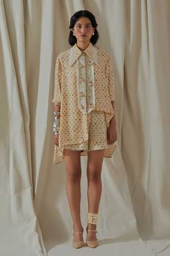Shop_Aseem Kapoor_Beige Crepe, Twill Collared Atri Printed Shirt And Shorts Set _Online_at_Aza_Fashions