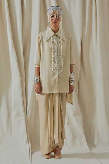 Shop_Aseem Kapoor_Beige Silk Collared Atri Printed Tashan Shirt _Online_at_Aza_Fashions
