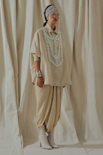Buy_Aseem Kapoor_Beige Linen, Silk Collared Mandala Embroidered Shirt And Dhoti Pant Set _Online_at_Aza_Fashions