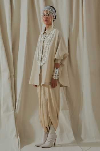 Shop_Aseem Kapoor_Beige Linen, Silk Collared Mandala Embroidered Shirt And Dhoti Pant Set _Online_at_Aza_Fashions