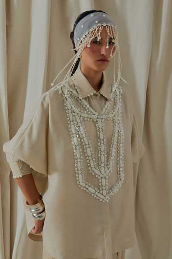 Aseem Kapoor_Beige Linen, Silk Collared Mandala Embroidered Shirt And Dhoti Pant Set _at_Aza_Fashions