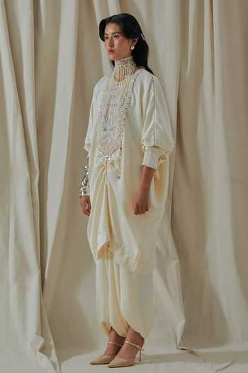 Buy_Aseem Kapoor_White Silk High Neck Tashan Embroidered Kurta And Dhoti Pant Set _Online_at_Aza_Fashions