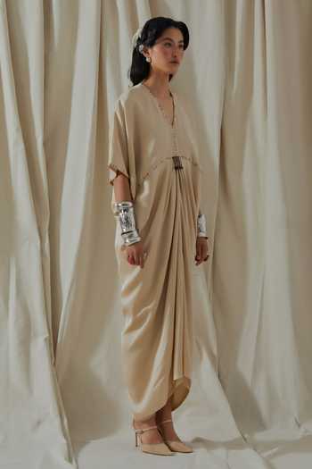Aseem Kapoor_Beige Silk V-neck Zia Trapeze Textured Draped Dress _Online_at_Aza_Fashions