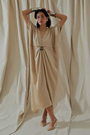 Buy_Aseem Kapoor_Beige Silk V-neck Zia Trapeze Textured Draped Dress _Online_at_Aza_Fashions