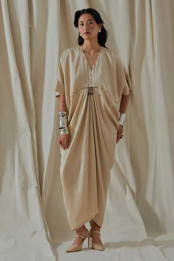 Shop_Aseem Kapoor_Beige Silk V-neck Zia Trapeze Textured Draped Dress _Online_at_Aza_Fashions