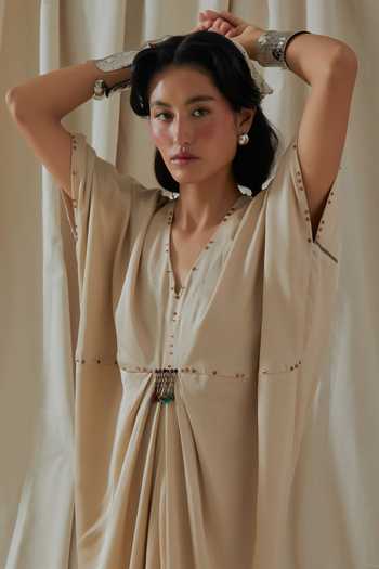 Aseem Kapoor_Beige Silk V-neck Zia Trapeze Textured Draped Dress _at_Aza_Fashions