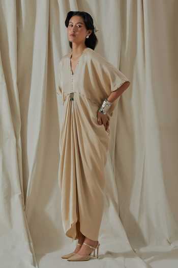 Buy_Aseem Kapoor_Beige Silk V-neck Zia Trapeze Textured Draped Dress 