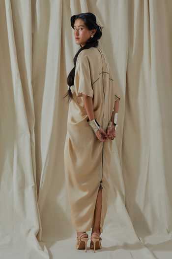 Aseem Kapoor_Beige Silk, Satin V-, Round Zuri Embroidered Kaftan With Gilet _Online_at_Aza_Fashions