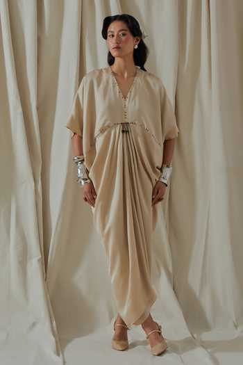 Buy_Aseem Kapoor_Beige Silk, Satin V-, Round Zuri Embroidered Kaftan With Gilet _Online_at_Aza_Fashions