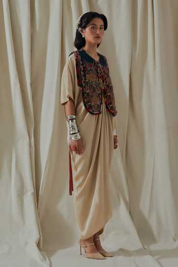 Shop_Aseem Kapoor_Beige Silk, Satin V-, Round Zuri Embroidered Kaftan With Gilet _Online_at_Aza_Fashions