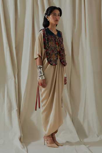 Aseem Kapoor_Beige Silk, Satin V-, Round Zuri Embroidered Kaftan With Gilet _at_Aza_Fashions