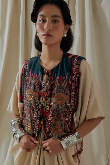 Shop_Aseem Kapoor_Beige Silk, Satin V-, Round Zuri Embroidered Kaftan With Gilet 