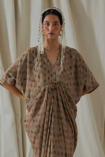 Aseem Kapoor_Beige Crepe V-neck Zia Trapeze Printed Draped Dress _Online_at_Aza_Fashions