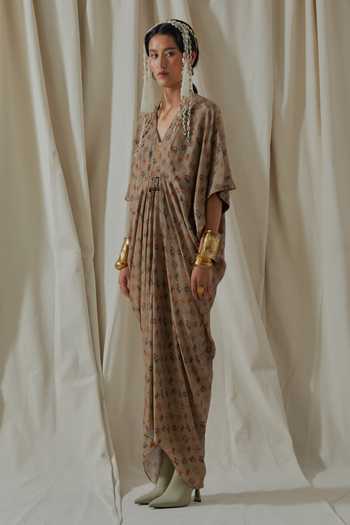 Buy_Aseem Kapoor_Beige Crepe V-neck Zia Trapeze Printed Draped Dress _Online_at_Aza_Fashions