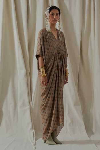 Shop_Aseem Kapoor_Beige Crepe V-neck Zia Trapeze Printed Draped Dress _Online_at_Aza_Fashions