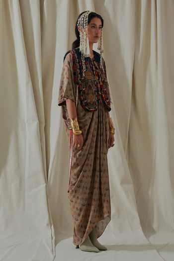Shop_Aseem Kapoor_Beige Crepe, Satin V-, Round Zuri Printed Draped Kaftan With Gilet _Online_at_Aza_Fashions