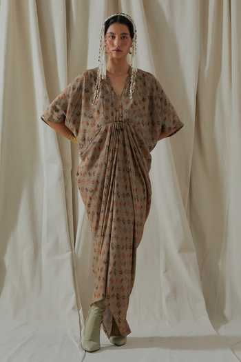 Aseem Kapoor_Beige Crepe, Satin V-, Round Zuri Printed Draped Kaftan With Gilet _at_Aza_Fashions