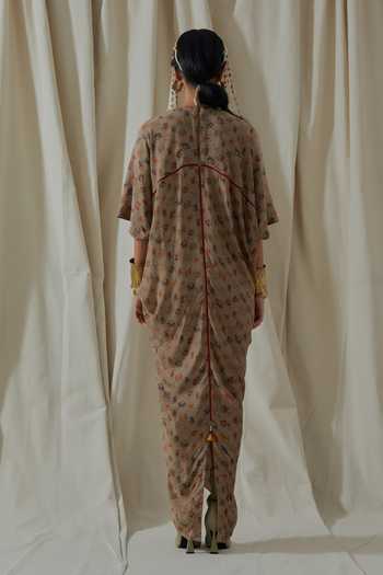 Buy_Aseem Kapoor_Beige Crepe, Satin V-, Round Zuri Printed Draped Kaftan With Gilet 
