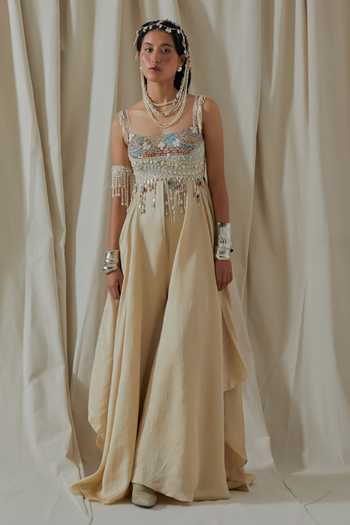 Aseem Kapoor_Beige Roohani Resham Work Jumpsuit _at_Aza_Fashions