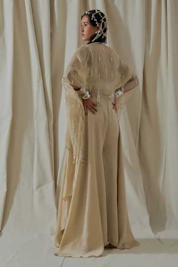 Aseem Kapoor_Beige Organza Open Neck Veni Embroidered Jumpsuit And Jacket _Online_at_Aza_Fashions